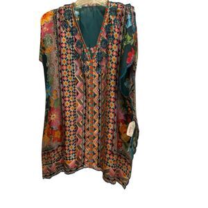 Johnny Was NWT $225 Silk Floral TunicBlouse Scallop Embroidered Oversized Boho S